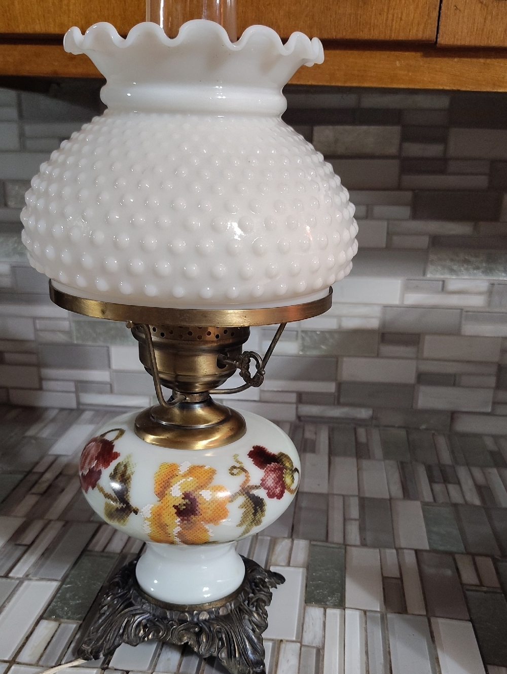 Vintage-Style White Hobnail Glass Table Lamp with Floral Base